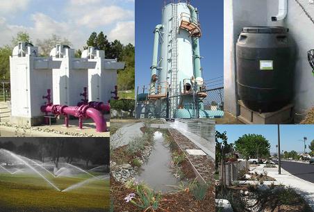 Photo Collage, photos clock wise starting top left corner. Photo 1 - Water towers, Photo 2 - Water Tower, Photo 3 - Rain collection barrel, Photo 4 - water tolerate parkway, Photo 5 - water channel, Photo 6 - sprinklers water a lawn.