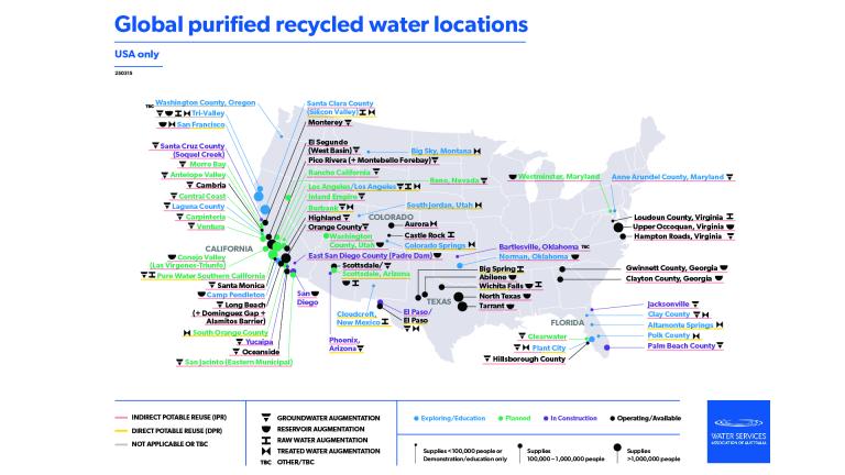 Continental United Sates Map of Global purified recycled water locations