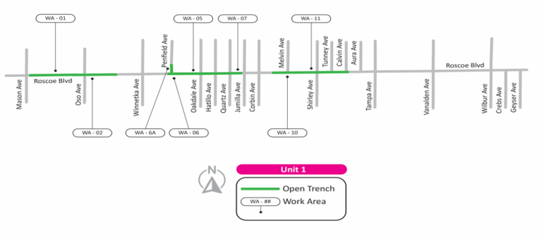 Map of Roscoe Trunk Line Unit 1 Work Areas