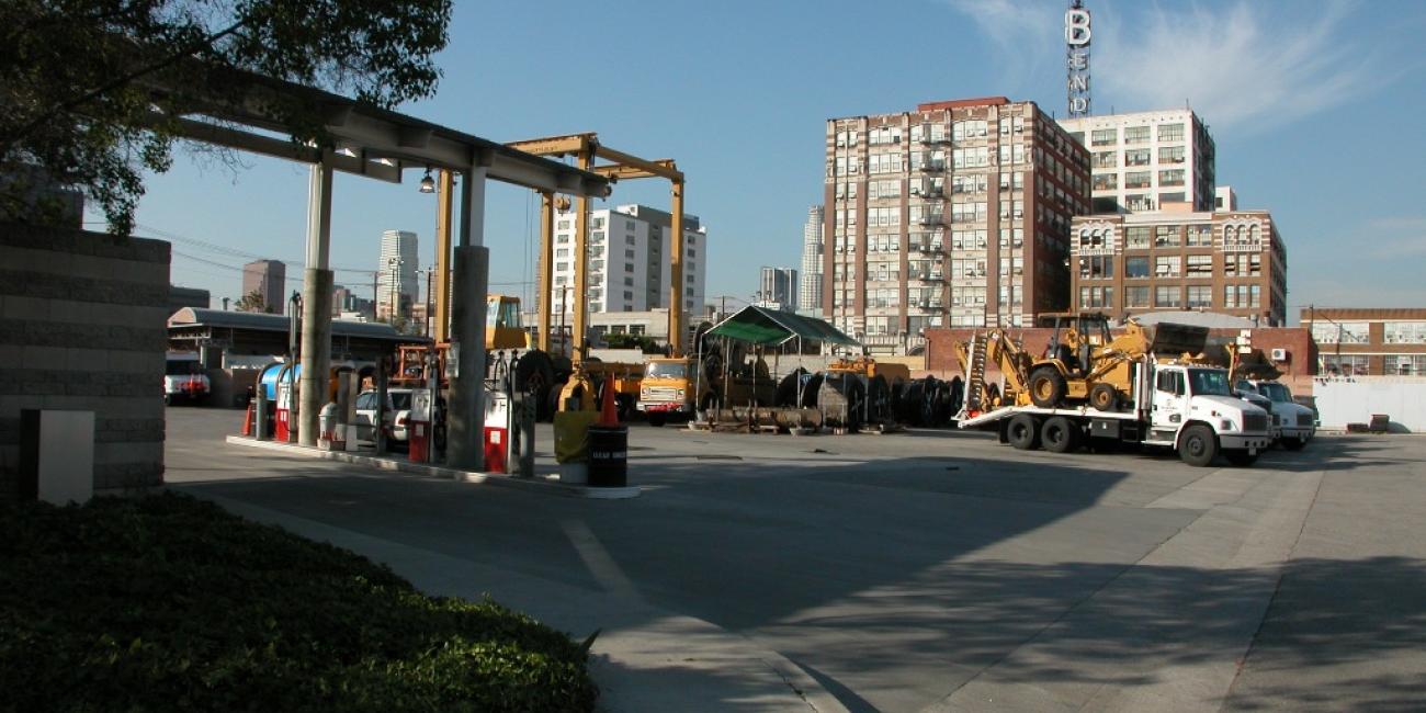 Central District Service Yard, View of Fashion District skyline