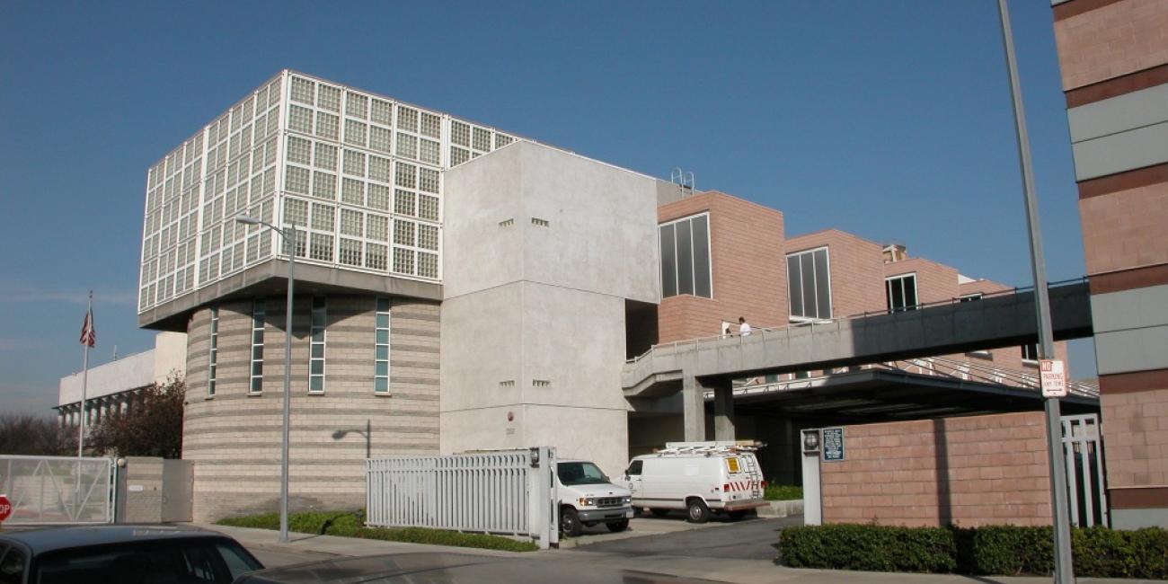 Central District Administration Building Entrance, Pedestrian Bridge from Parking Structure.