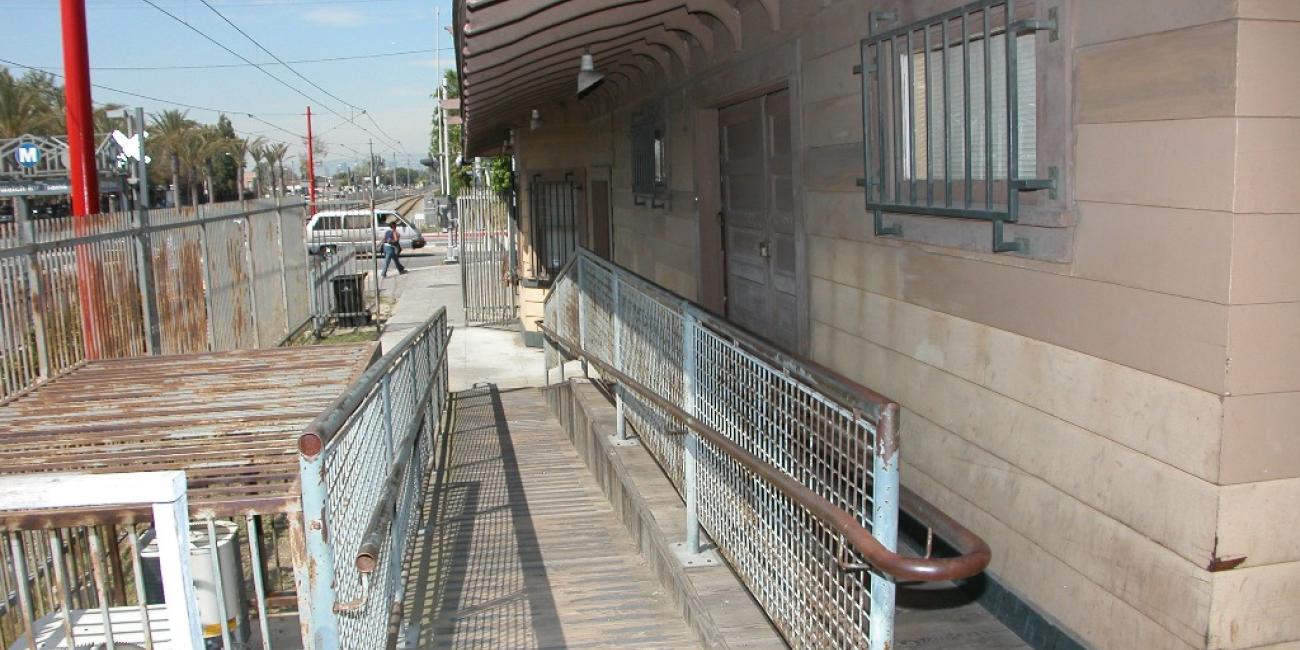 Watts Customer Service Center, housed within the historic Watts Pacific Electric Railway station, (western elevation - former freight/baggage area)