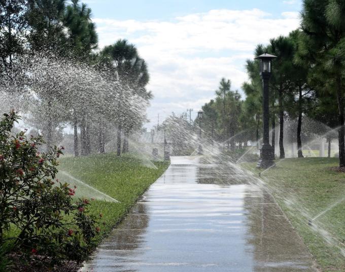 Sprinklers spraying water onto grass and a wet sidewalk.