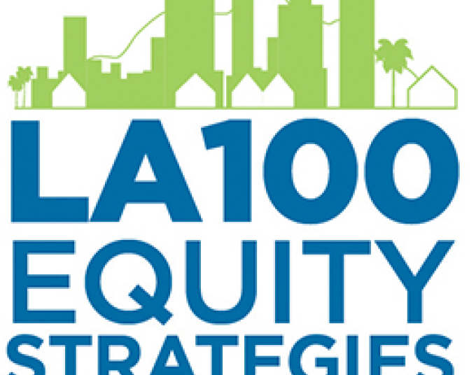 A drawing of light green buildings and white houses above blue text that says, “LA 100 Equity Strategies” with the word strategies underlined in light green.