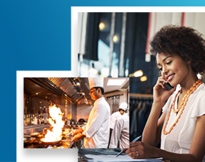 An image of a chef cooking over a large stove is beside an image of a woman talking on the phone in a retail store.