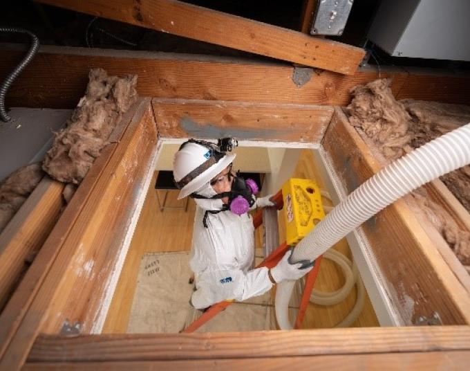 Worker standing on a ladder using equipment to inspect an attic.