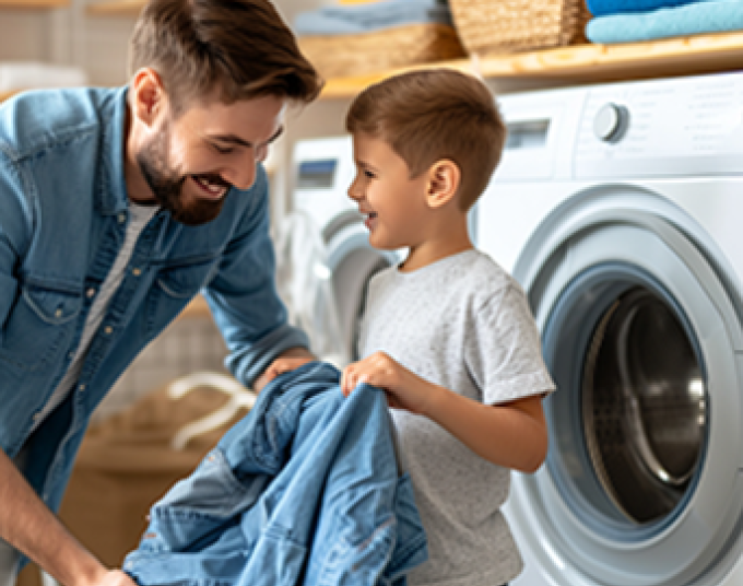 A man and boy taking clothes out of washing machine.