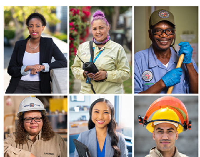 Photo collage of six employees in their respective work environments, smiling
