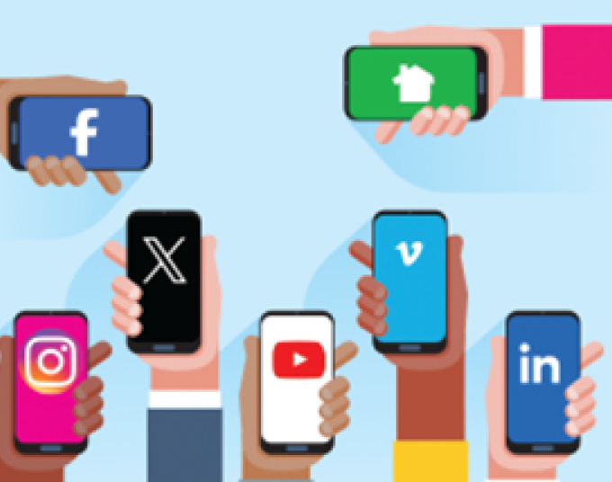 Illustrations of diverse hands holding cell phones displaying icons for social media platforms on the screens.