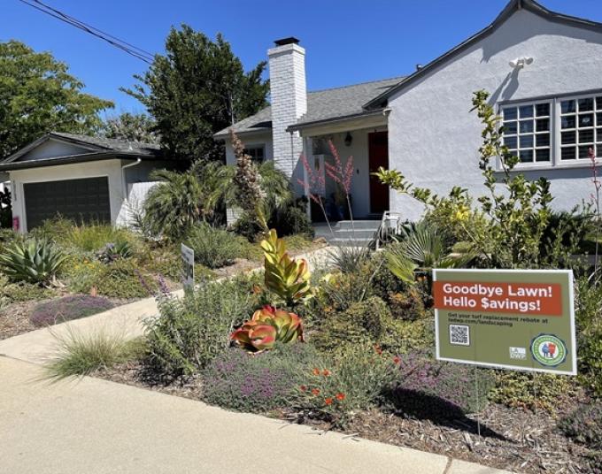 Front yard of a house with low water-use plants.