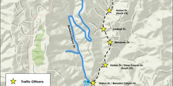 Map of Benedict Canyon reflecting LADWP Security officer and Traffic Officer movements throughout the area between 9am and 9pm.